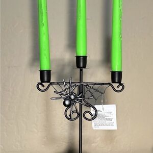 Halloween Spiderweb Candelabra Candle Holder – Black Metal with Spider Accent